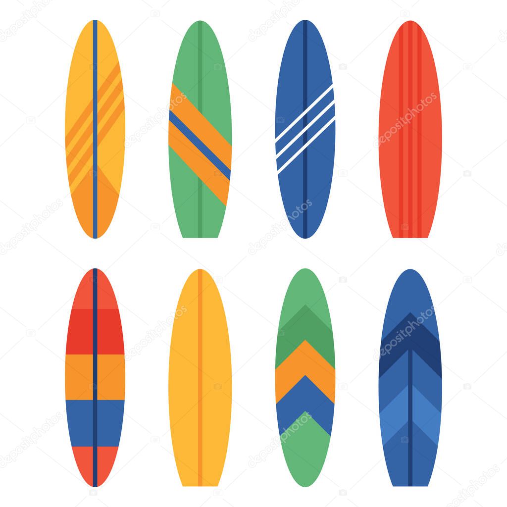 Set of different colourful surfboards. Summer surfing. Vector illustration