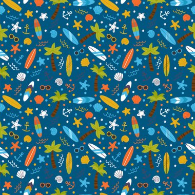 Sörf tahtaları, palmiye ağaçları, çapalar, güneş gözlükleri ve deniz kabuklarıyla kusursuz yaz deseni. Tekstil, ambalaj kağıdı ya da kumaş için deniz tasarımı. Vektör illüstrasyonu