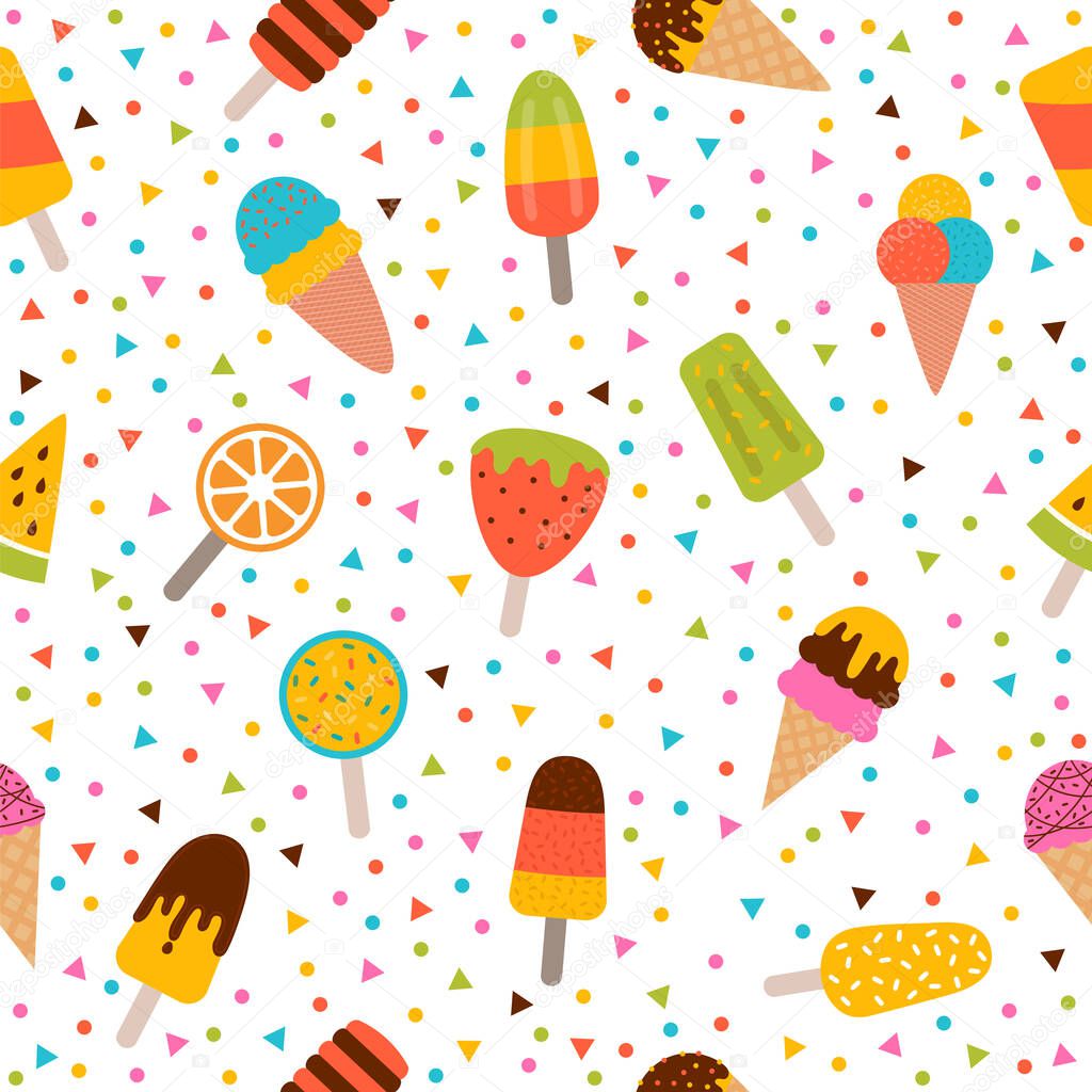 Ice cream seamless pattern. Cute colorful summer background. Delicious cartoon treats. Vector illustration