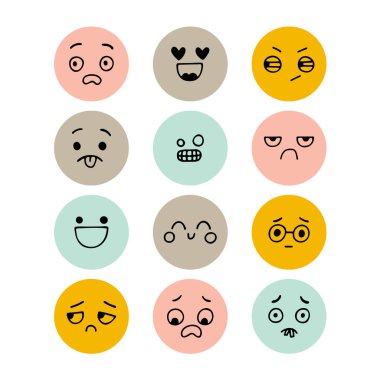 Bir grup el çizimi komik gülen yüz. Kawaii tarzı. Çizilmiş yüz ifadeleri ayarlandı. Emoji simgeleri. Çizgi film karakteri koleksiyonu. Vektör illüstrasyonu