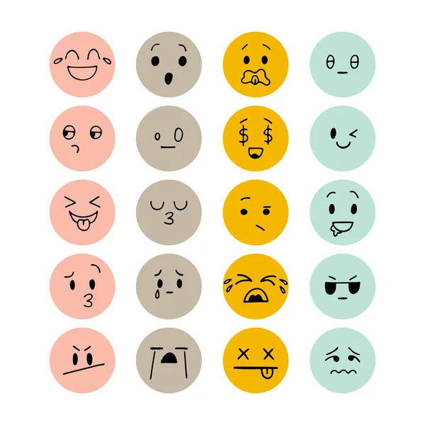Ikony Emoji Ręcznie Narysowane Śmieszne Uśmiechnięte Twarze Szczęśliwego Kawajskiego Stylu — Wektor stockowy