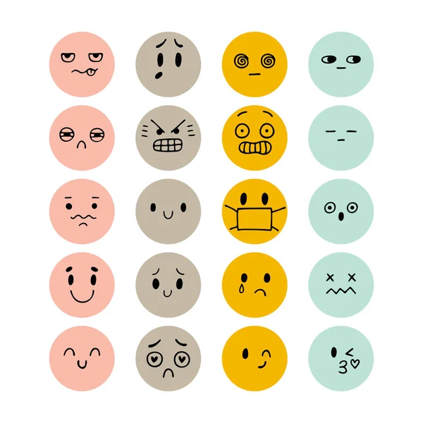 Conjunto Caras Sonrientes Extrañas Dibujadas Mano Feliz Estilo Kawaii Conjunto — Vector de stock