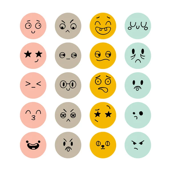 Ręcznie Narysowane Śmieszne Uśmiechnięte Twarze Ikony Emoji Wyrażenia Twarzy Narysowane — Wektor stockowy