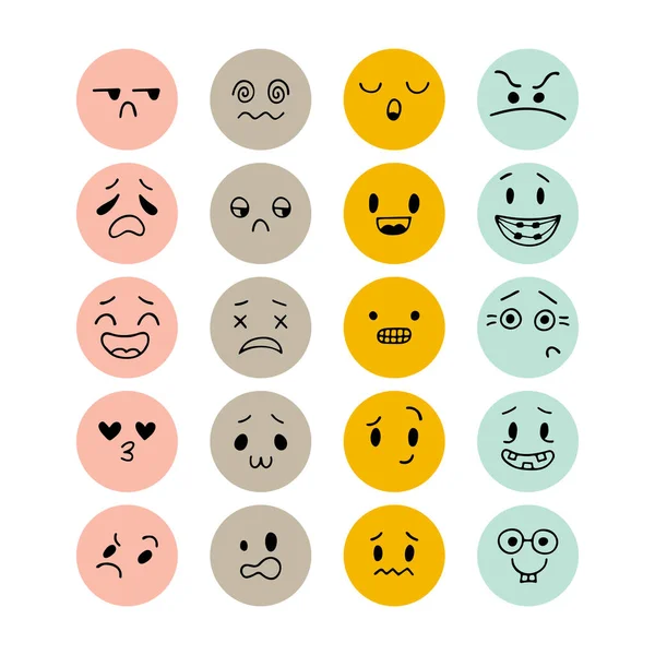 Conjunto Caras Sonrientes Extrañas Dibujadas Mano Conjunto Expresiones Faciales Esbozadas — Vector de stock