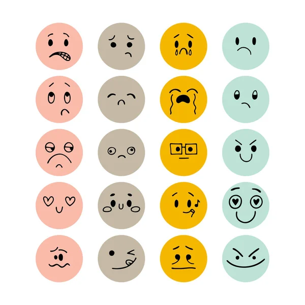 Kézzel Rajzolt Vicces Mosolygós Arcok Vázolt Arckifejezések Beállítva Emoji Ikonok — Stock Vector