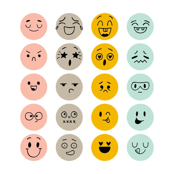 Conjunto Caras Sonrientes Extrañas Dibujadas Mano Conjunto Expresiones Faciales Esbozadas — Vector de stock