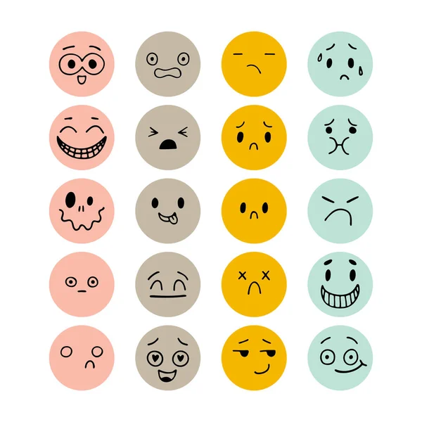 Handritade Lustiga Leende Ansikten Skettade Ansiktsuttryck Emoji Ikoner Insamling Tecknade — Stock vektor