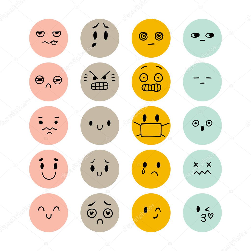Set of hand drawn funny smiley faces. Happy kawaii style. Sketched facial expressions set. Emoji icons. Collection of cartoon emotional characters. Vector illustration