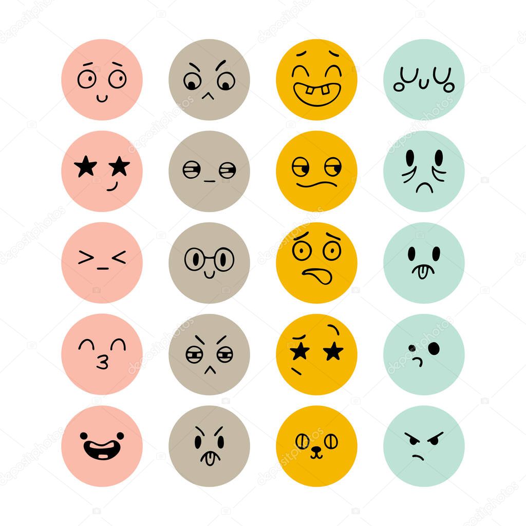 Set of hand drawn funny smiley faces. Emoji icons. Sketched facial expressions set. Collection of cartoon emotional characters. Happy kawaii style. Vector illustration