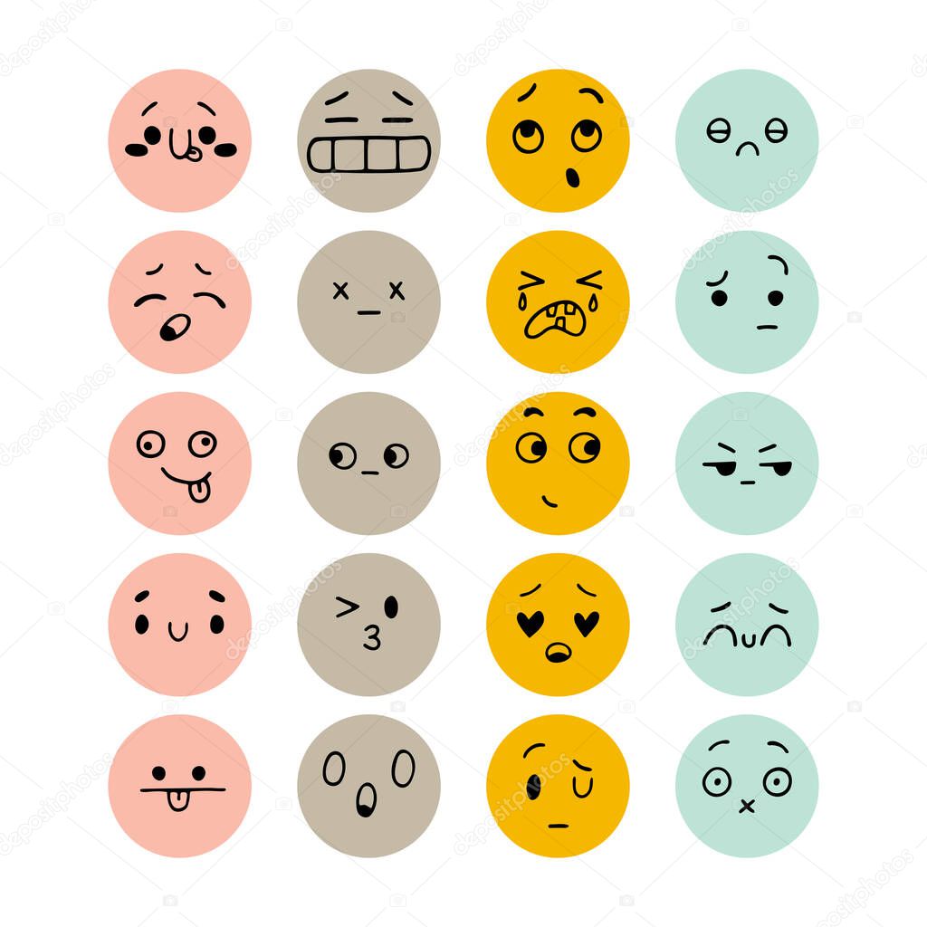 Set of hand drawn funny smiley faces. Sketched facial expressions set. Happy kawaii style. Emoji icons. Collection of cartoon emotional characters. Vector illustration