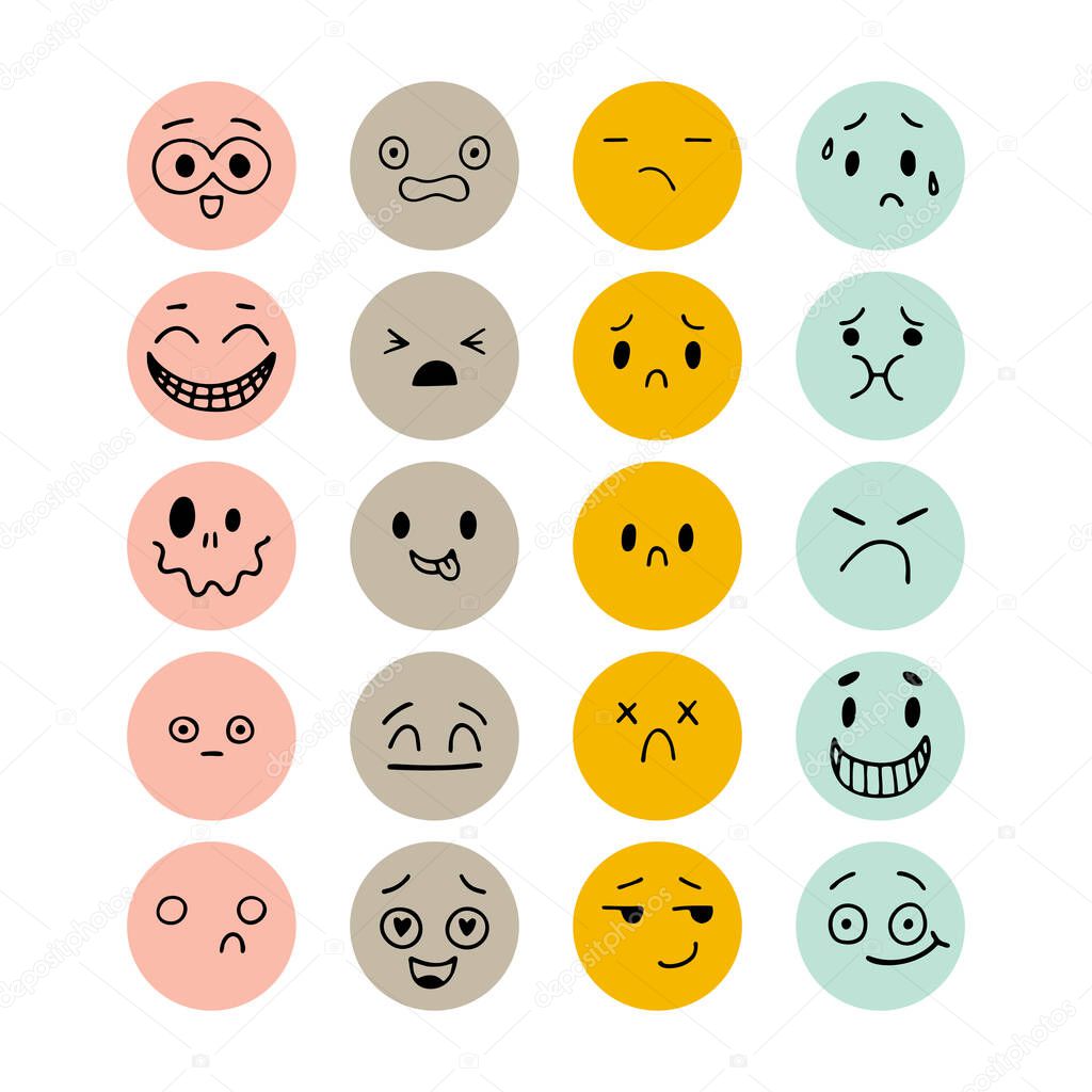 Set of hand drawn funny smiley faces. Sketched facial expressions set. Emoji icons. Collection of cartoon emotional characters. Happy kawaii style. Vector illustration