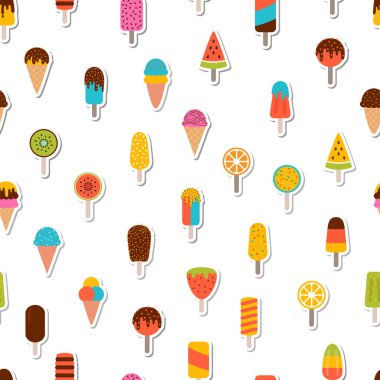 Lezzetli renksiz dondurmalar. Güzel yaz geçmişi. Çıkartmalar. Güzel kumaş baskısı, ambalaj kağıdı. Vektör illüstrasyonu