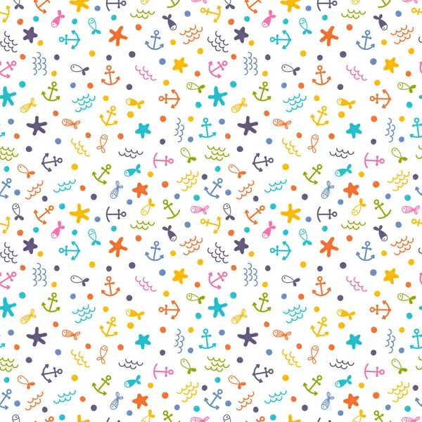 Lindo Mar Verano Patrón Sin Costuras Con Peces Anclas Estrellas — Vector de stock