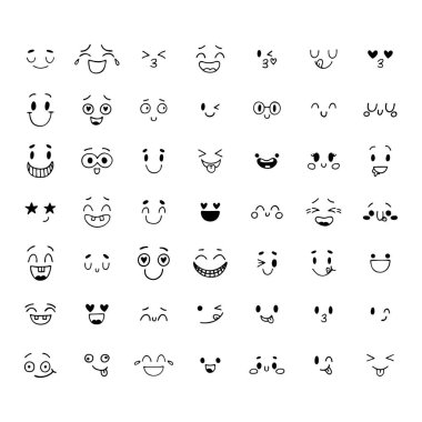 Sadece mutlu emojiler. El çizimi komik karakterler. Çizilmiş yüz ifadeleri ayarlandı. Mutlu kawaii stili. Vektör illüstrasyonu