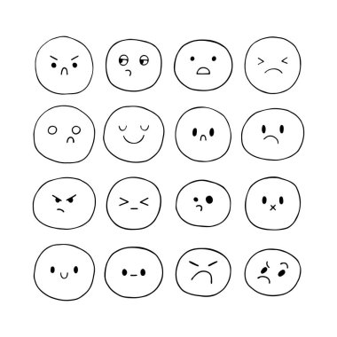 Mutlu el, komik gülen yüzler çizdi. Çizilmiş yüz ifadeleri ayarlandı. Çizgi film karakteri koleksiyonu. Kawaii tarzı. Emoji simgeleri. Vektör illüstrasyonu