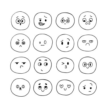 Mutlu el, komik gülen yüzler çizdi. Çizilmiş yüz ifadeleri ayarlandı. Emoji simgeleri. Çizgi film karakteri koleksiyonu. Kawaii tarzı. Vektör illüstrasyonu