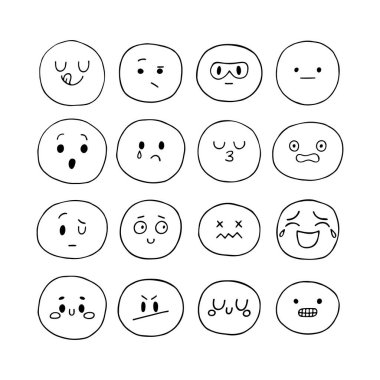 Mutlu el, komik gülen yüzler çizdi. Çizilmiş yüz ifadeleri ayarlandı. Kawaii tarzı. Çizgi film karakteri koleksiyonu. Emoji simgeleri. Vektör illüstrasyonu