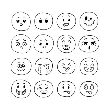 Çizilmiş yüz ifadeleri ayarlandı. Mutlu el, komik gülen yüzler çizdi. Emoji simgeleri. Çizgi film karakteri koleksiyonu. Kawaii tarzı. Vektör illüstrasyonu
