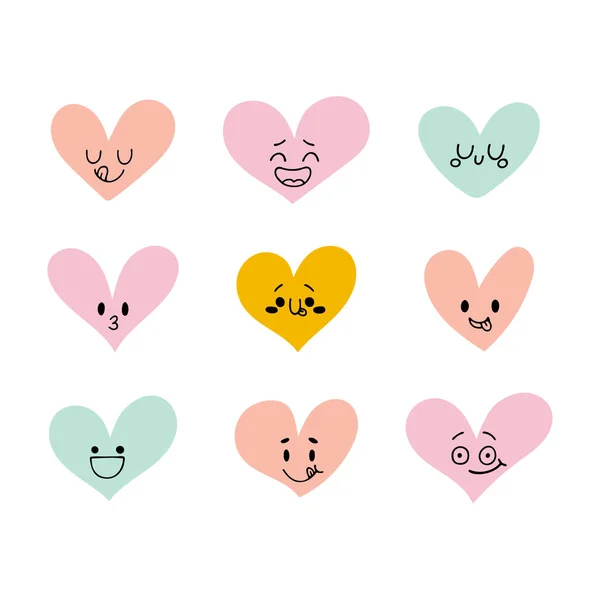 有趣的快乐的心可爱的卡通人物 一组心形图标 有创意的手绘有不同情感的心 矢量说明 — 图库矢量图片