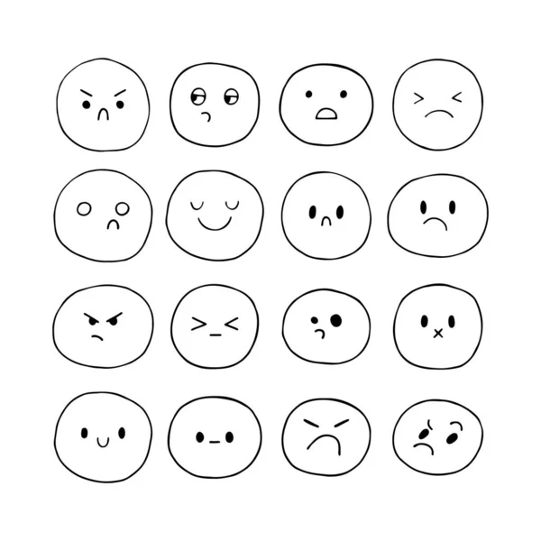 Glad Hand Ritade Roliga Leende Ansikten Skettade Ansiktsuttryck Insamling Tecknade — Stock vektor