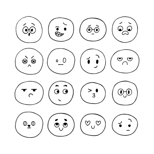 幸せな手を面白い笑顔の顔を描いた 顔の表情をスケッチしたセット 絵文字アイコン 漫画の感情的な文字のコレクション カワイイスタイル ベクターイラスト — ストックベクタ