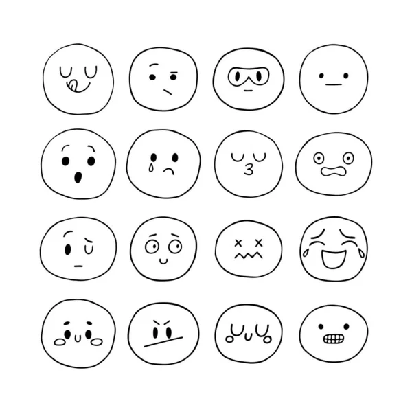 Happy Hand Drawn Funny Smiley Faces Sketched Facial Expressions Set — Stock Vector