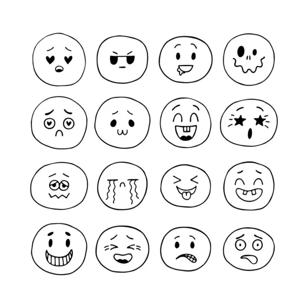 Conjunto Expresiones Faciales Esbozadas Mano Feliz Dibujado Caras Sonrientes Divertidas — Archivo Imágenes Vectoriales