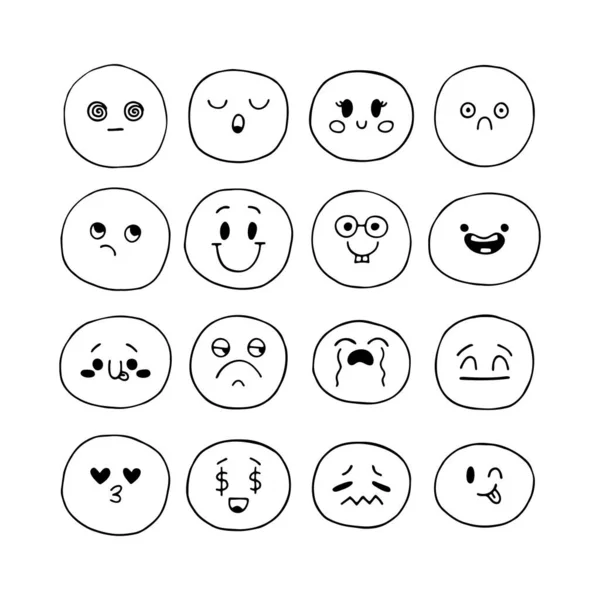 Conjunto Expresiones Faciales Esbozadas Mano Feliz Dibujado Caras Sonrientes Divertidas — Vector de stock