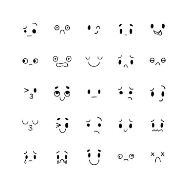 Elle çizilmiş komik gülen yüzler. Çizilmiş yüz ifadeleri ayarlandı. Çizgi film karakteri koleksiyonu. Mutlu kawaii stili. Emoji simgeleri. Vektör illüstrasyonu