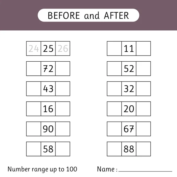 Rellena Los Números Que Faltan Antes Después Rango Números Hasta — Archivo Imágenes Vectoriales