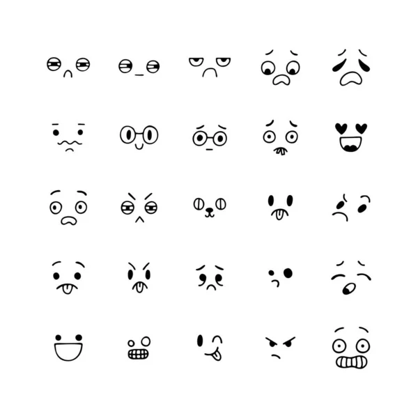 Hand Drawn Funny Smiley Faces Happy Kawaii Style Sketched Facial — Stock Vector