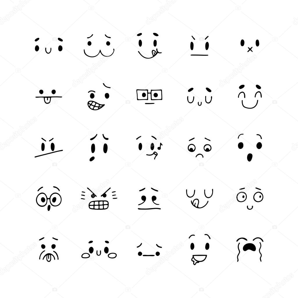 Hand drawn funny smiley faces. Sketched facial expressions set. Collection of cartoon emotional characters. Emoji icons. Happy kawaii style. Vector illustration