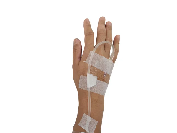 Hand Woman Sodium Chloride Solution Intravenous Brine Medical Treatment Saline — Stock Photo, Image