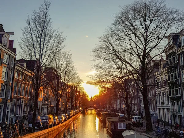 Winterse zonsondergang op het Amsterdamse kanaal met reflectie — Stockfoto