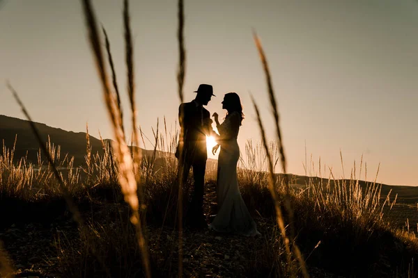 Paar Auf Einem Feld Bei Sonnenuntergang Inmitten Trockener Pflanzen Hochzeitskonzept — Stockfoto