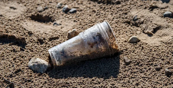 Plastik cam sahilde yatar ve denizi, nehri kirletir. Çöp, çöp, çöp, çevre kirliliği. Plastik denizlerin ve okyanusların kirlilik kontrolü kavramı.