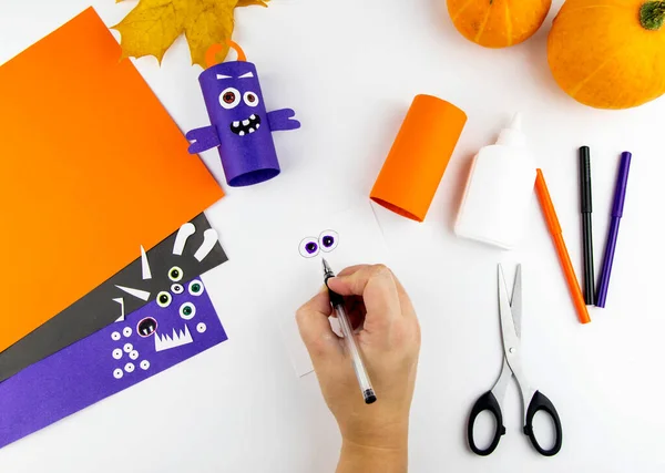 Dekoracja Halloween Diy Dzieci Koncepcja Kreatywności Instrukcja Krok Kroku Zrobić — Zdjęcie stockowe