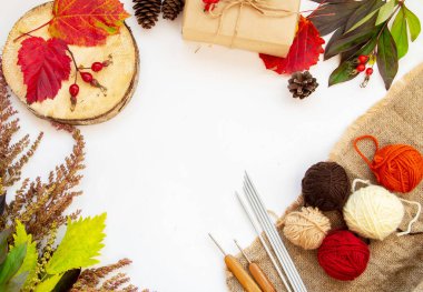 Sonbahar kompozisyonu. Sonbahar örgü konsepti. Uzayı kopyala Düz iplik topları örgü, örgü kancası, örgü iğneleri, el işi kağıdında hediye, sonbahar yaprakları ve çimenler, beyaz bir arka planda..
