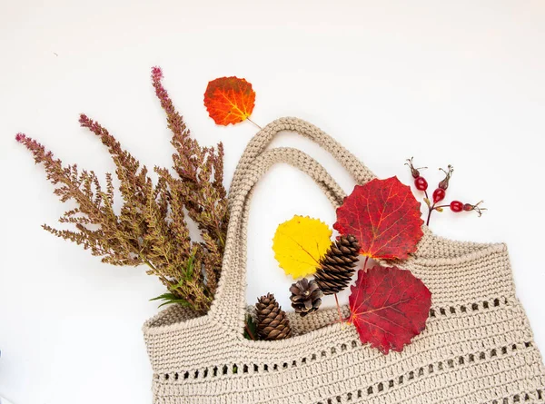 Autumn Composition Eco Bag Crocheted Autumn Leaves Branches Rose Hips — Stock Photo, Image
