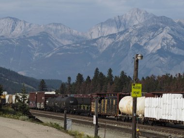 Jasper, Alberta, Kanada'dan geçen yük treni. Arka planda Rocky Dağları.