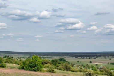 Yeşil bahar panoramik kırsal Ukrayna manzaralı gri dramatik gökyüzü. Kitsevka, Harkiv bölgesi manzarası