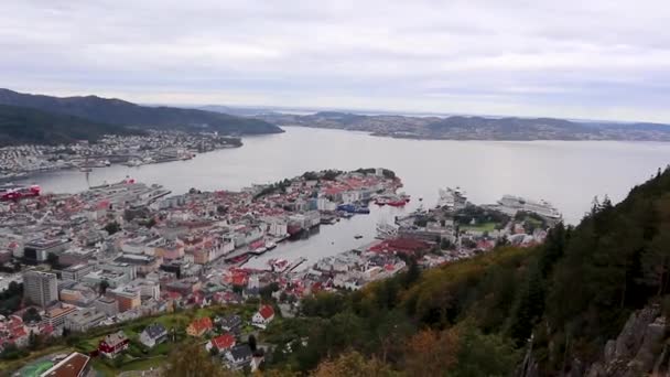 Bergen Miasto Morze Widok Lotu Ptaka Atrakcja Floyen Floyvarden Balplass — Wideo stockowe
