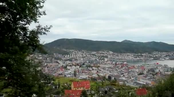 Floyen Funicular Cabin Attraction Bergen Northern Sea Panoramic Aerial View — Stock Video