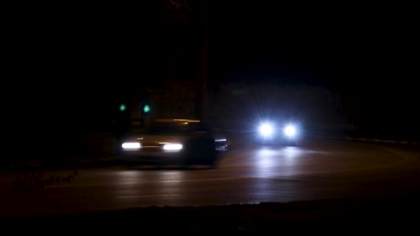 Cars Light Driving Corner Turn Road Night — Stock Video