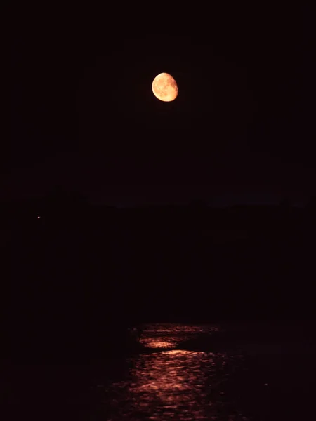 カラフルな反射と水面上の明るいオレンジ色の月 夜の神秘的な月 大きな月の垂直画像と暗い夜空 — ストック写真