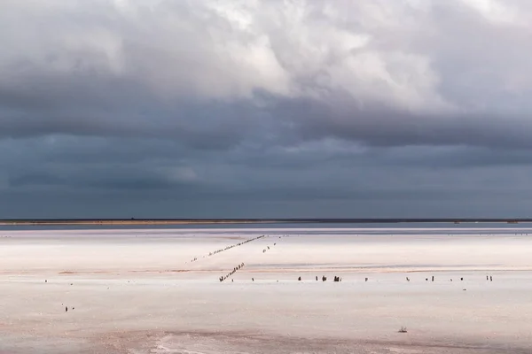 Saltrosa Sjöyta Grålila Högskiktade Episka Moln Himlen Dramatisk Naturlig Skyline — Stockfoto