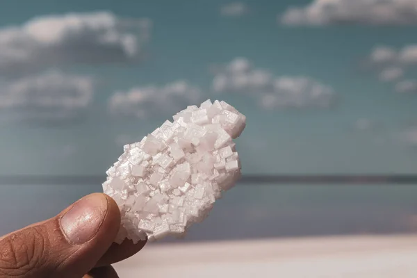 Die Finger Halten Weiße Glänzende Salzflocken Mit Verschwommenem Naturrosa Salzsee — Stockfoto