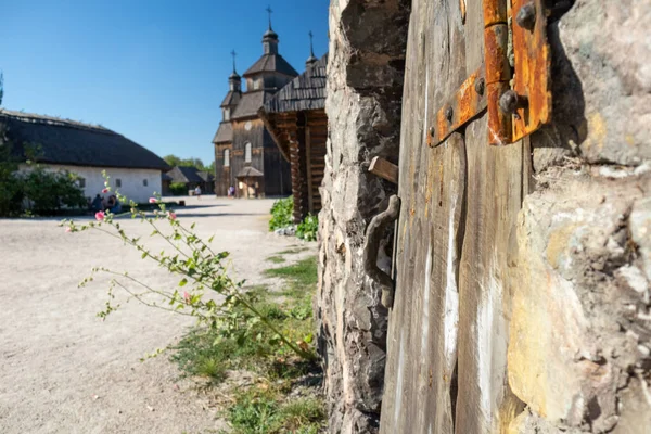 Wooden House Door Close Vintage Church Zaporozhian Sich Medieval Village — Stock Photo, Image