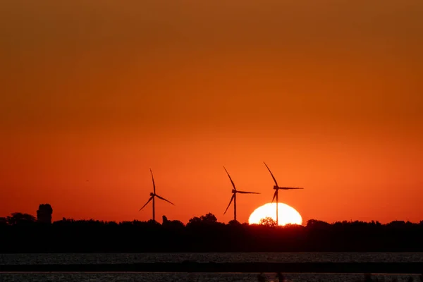 Wind generators farm silhouette on sunrise red orange vibrant sky and big rising sun. Energy turbines sustainable industry