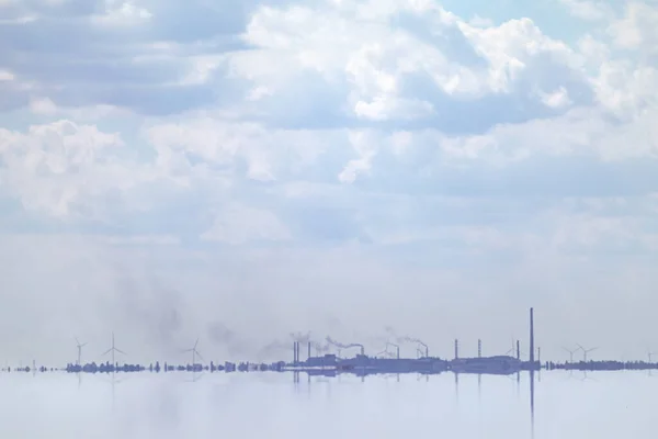 Factory Pipes Distance Landscape Lake Water Reflection Blue Cloudy Sky — Stock Photo, Image